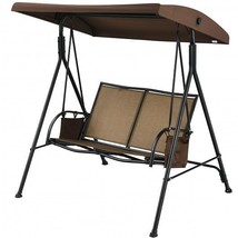 2-Person Patio Swing with Adjustable Canopy and 2 Storage Pocket-Brown - £281.83 GBP
