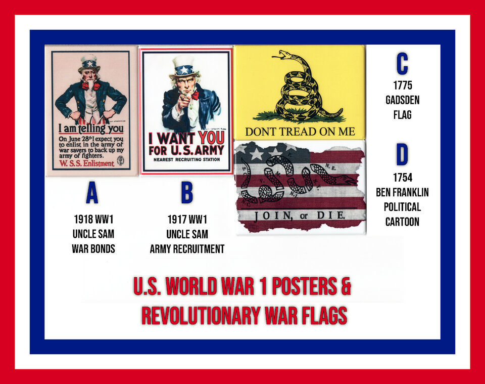 WW1 &amp; US Revolutionary War Flags Mini Posters Magnet Mirror Pinback 3.5&quot;... - $4.49+