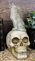 Gothic Full Moon Howling Gray Wolf Sitting On Graveyard Macabre Skull Figurine - £23.71 GBP