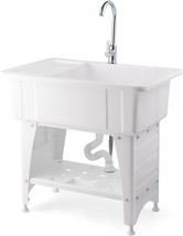 Utility Sink Laundry Tub for Washing Room with Stainless Steel Faucet White - £108.84 GBP