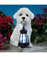 Realistic Bichon Dog Puppy Garden Sculpture Holding Solar LED Lighted La... - £46.17 GBP