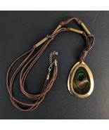 Vintage Boho Peacock Feather Teardrop Pendant Necklace, Brown Cord Hippi... - $378.57 MXN
