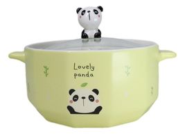 Ceramic Yellow Lovely Panda 30oz Noodle Dessert Food Bowl W/ Glass Lid - $19.99