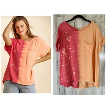 Umgee Womens Small Top Orange Pink Colorblock Splatter Dye Frayed Hem Linen - £21.77 GBP
