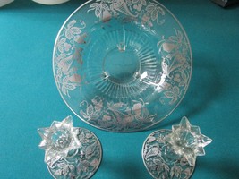 Paden City Sterling Overlay Glass Bowl And Candle Holders Cornucopia Pattern - £115.45 GBP