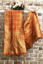 Orange &amp; Gold Indian Handloom Dupatta For Women Shawl, Viscose silk Dupatta DP36 - £8.25 GBP