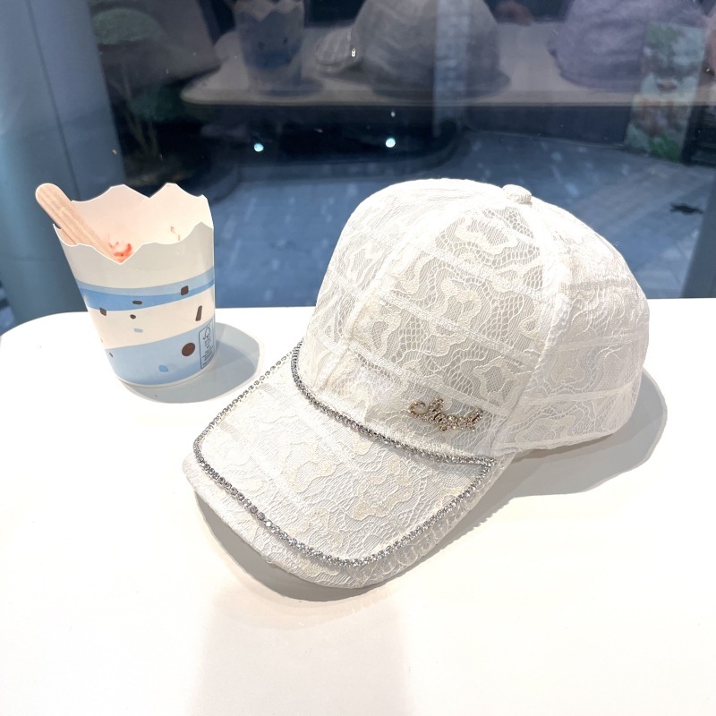 Diamond-Encrusted Lettered Lace Baseball Cap Women's Summer Thin Rhinestone Claw
