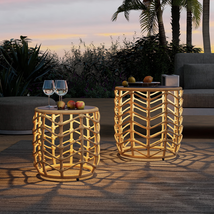 2 Set Outdoor Steel Round Side Boho Style Wicker End Tables Solar Lights... - $4,640.79 MXN