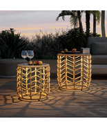 2 Set Outdoor Steel Round Side Boho Style Wicker End Tables Solar Lights... - $240.54