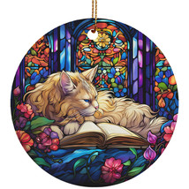 Cute Sleeping Cat Book Retro Ornament Colors Stained Glass Wreath Christmas Gift - £11.57 GBP