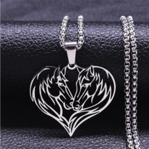 Couple&#39;s Stainless Steel Lovers Heart Horse Pendant Necklace - 50&quot; (Silver, Gold - £16.03 GBP