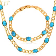 Natural Turquoise Stone Necklace Bracelet Set Statement Gold Plated Chain Fashio - £25.82 GBP