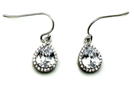 Sterling Silver IBB CN 925 Halo Pear CZ Dangle Pierced Earrings - £18.55 GBP