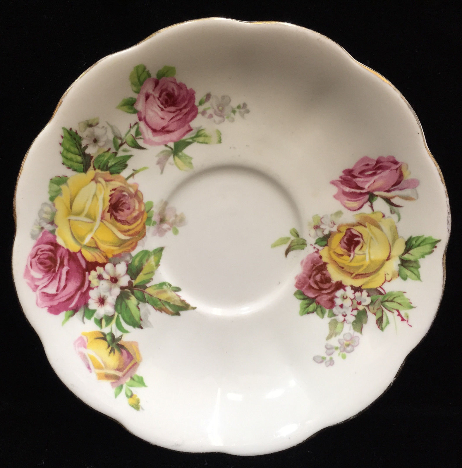 Saucer Queen Anne Manor Rose Pink & Yellow Roses on White Fine Bone China - $9.36