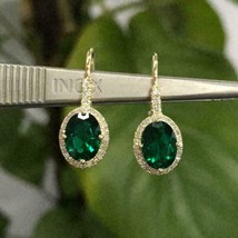 4Ct Simulated Emerald Women&#39;s Drop Dangle Earrings Gold Plated 925 Silver - £101.20 GBP