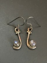 Estate Small 925 Marked Silver Fish Hook w Round Labradorite Stone Dangle Earrin - £12.48 GBP