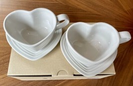 Le Creuset HEART Set of 2 WHITE Stoneware Mugs w/ Saucers  1ST Quality NEW - $92.57