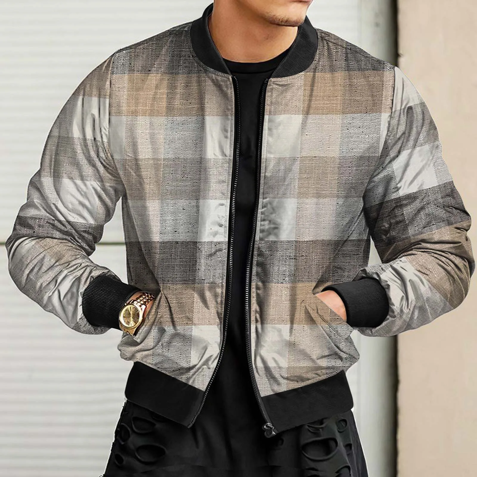 Jacket Coats for Men Mens Fall Winter Casual  Woven Street Plaid Stand Collar Zi - £127.93 GBP
