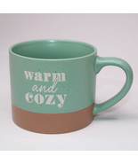 Warm And Cozy Coffee Mug Mint Green And Brown White Lettering Stoneware ... - $11.56