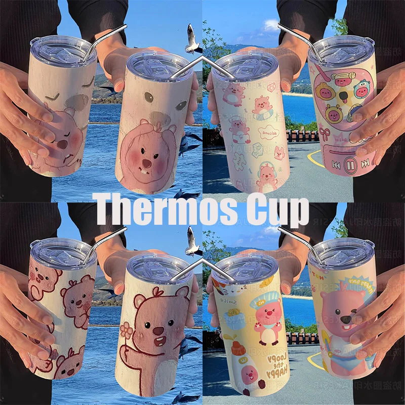 Kawaii Cartoon Zanmang Loopy Thermos Beaver Cup Cute Anime Travel Portable - £21.01 GBP