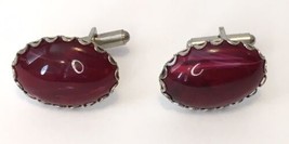 Vintage Faux Stone Cufflinks Purple / Red Magenta Color Silver Tone - £12.61 GBP