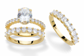 Oval &amp; Princess Cut Cz Bridal 3 Gp Ring Set 14K Gold Sterling Silver 6 7 8 9 10 - £157.52 GBP