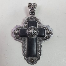 Vintage Cross Pendant Statement 4 Inch Long Total Black Silver Decorative - $9.00