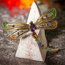 Monet Dragonfly Brooch Pin Vintage Enameled Rhinestones Sparkly Gold Tone Fairy - £20.92 GBP
