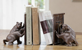 Rustic Forest Teamwork Bears Pushing Barn Doors Bookend Figurines Pair Set Decor - £85.50 GBP