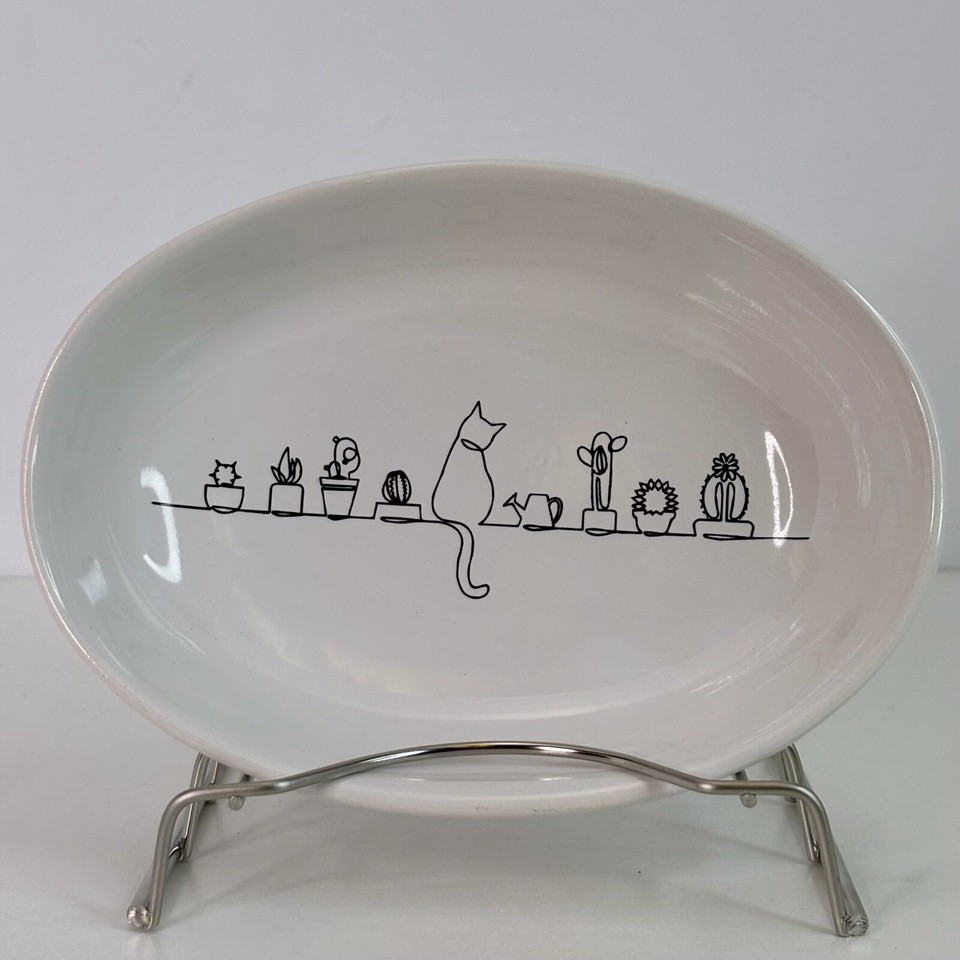 Cat Ceramic Food Bowl Water Dish SILLY KITTY &amp; CACTUS Oval White New - $17.77