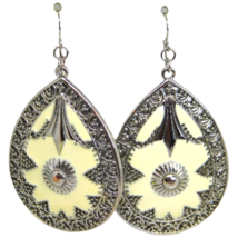 Vintage Engraved Design Earrings Two Tone Silver &amp; Cream Color Tone Statement 2&quot; - £6.62 GBP