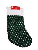 Christmas House Elegant Diamond Pattern Stocking 17&quot; Green with Cream Fu... - $24.63