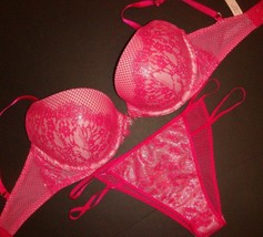 Victoria&#39;s Secret 34D Bra Set M Panty Raspberry Hot Pink Foil Fishnet Very Sexy - £63.15 GBP