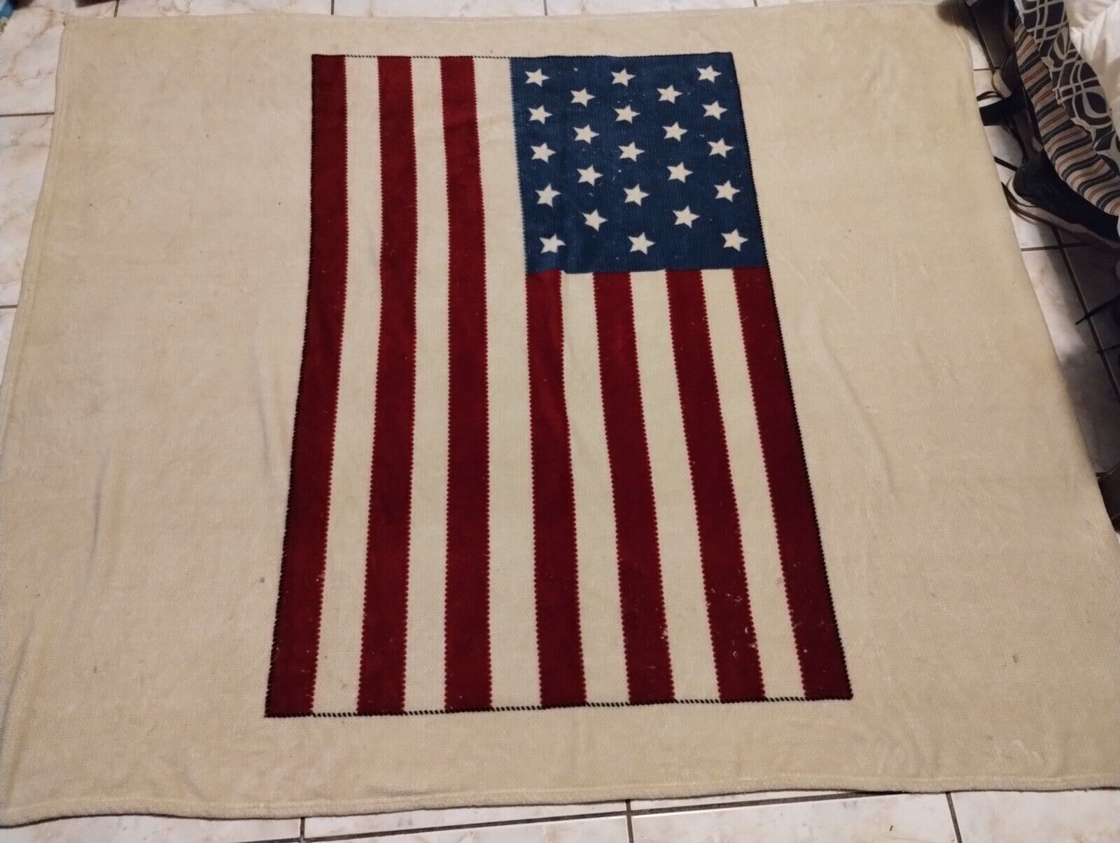 Lauren Ralph Lauren American Flag Soft Throw Fleece Blanket Tan Red Blue 65x56 - $67.31
