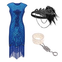 1920s Gatsby Sequin Fringed  Vintage Beaded Flapper Party Dress with 20s Accesso - £127.14 GBP