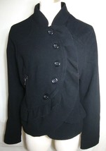 Vtg Oleg Cassani Coat Black Wool Ruffle Trim Lined Button Front Women Large - £93.92 GBP