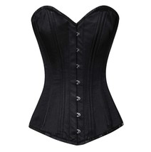 Black Satin Double Bone Overbust Corset LONGLINE Gothic Costume Bustier Top - $74.99+