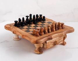 New Rustic Handmade Rustic Olive wood Chess Set 12” Board With Interior Storage - £82.59 GBP