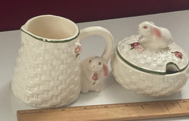 Vintage Avon White Woven Green Trim Ceramic White Bunny Coffee Cream &amp; S... - $10.39