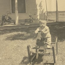 Found B&amp;W Photo Baby Toddler Playing On Rocking Horse In Front Yard 1950s Toy - $9.00