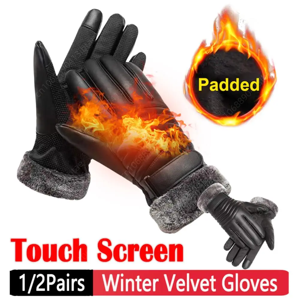 Non-slip Leather Gloves Winter Warm Plus Velvet Gloves Snowproof Waterproof - £12.10 GBP+