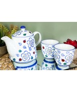 Colorful Ladybug &amp; Flowers Pattern Glazed Ceramic 16oz Tea Pot &amp; Cups Se... - $40.83 CAD