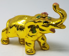 Bright Gold Indian Elephant Figurine Rose Adorned Ceramic Trunk Up Vintage - $18.95
