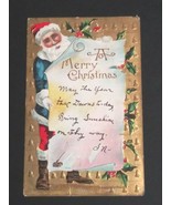 Santa w/ Blue Robe A Merry Christmas Gold Embossed Antique Postcard 1911... - £23.42 GBP
