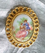 Baroque White Glass Courting Scene Gold-tone Brooch / Pendant 1960s 2 1/2&quot; - £11.38 GBP
