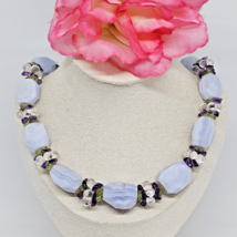 Blue Lace Agate Amethyst Peridot &amp; Crystal Beaded Choker Necklace 925 Si... - £26.53 GBP