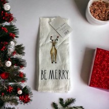 Rae Dunn &quot;Be Merry&quot; 2 Kitchen Towels White Reindeer Ornaments 16&quot;x 26&quot; NEW - £18.77 GBP