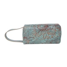 Myra Bag Blue Canopy Shaving Kit Makeup Bag Hand-Tooled Embossed Leather Zip Top - £33.46 GBP
