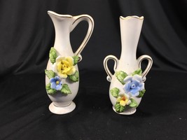 Vintage Ceramic Pitcher & Vase Set Floral Design White Blue Yellow Taiwan - £15.94 GBP