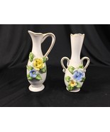 Vintage Ceramic Pitcher &amp; Vase Set Floral Design White Blue Yellow Taiwan - £16.02 GBP